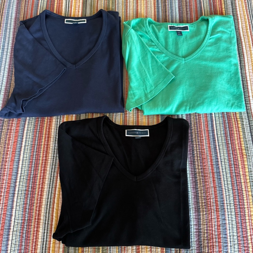 Set of 3! Karen Scott Cotton V-Neck T-shirts XL. Navy Blue, Mint Green, Black